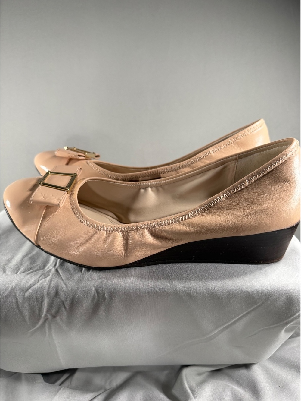 Cole Haan Beige Leather Wedge Heels with Bow Detail